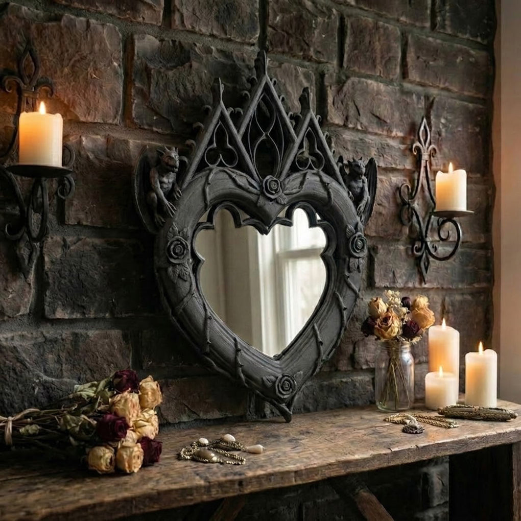 Black Gothic heart mirror displayed against a brick wall with candles