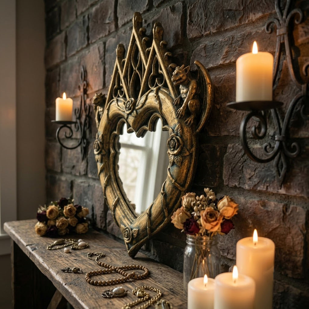 Antique gold heart-shaped Gothic mirror on a candlelit decorative shelf