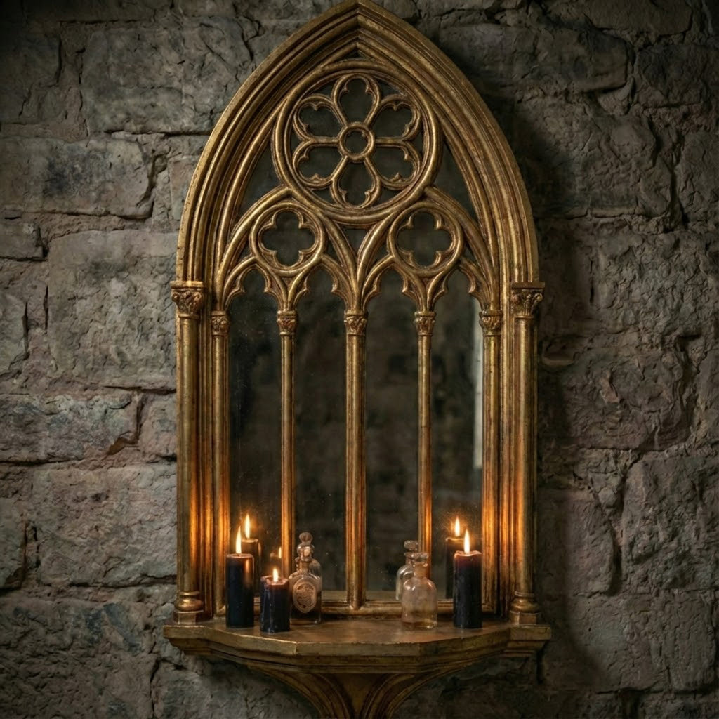 Antique gold Gothic mirror shelf styled with candles and decorative objects
