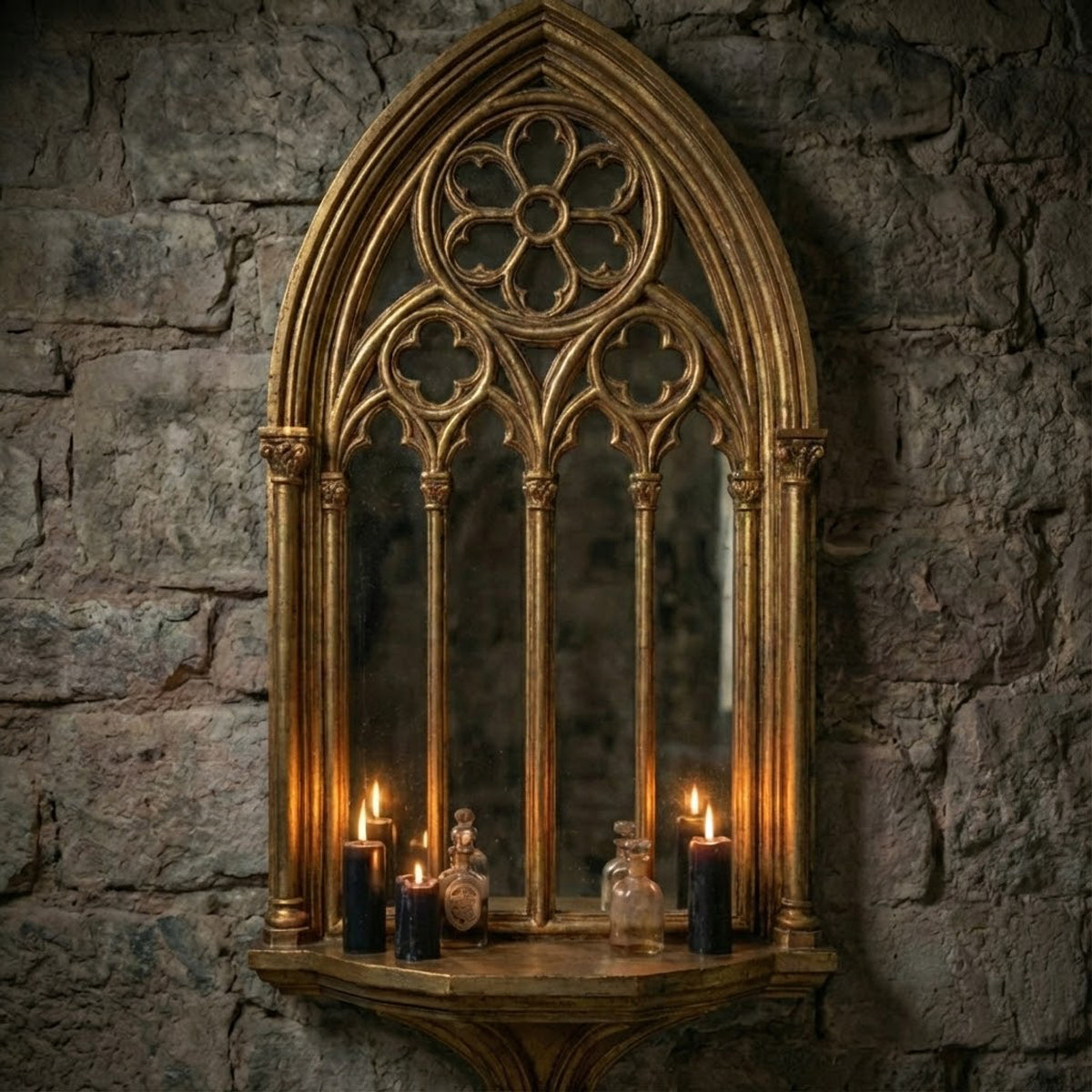 Antique gold Gothic mirror shelf styled with candles and decorative objects