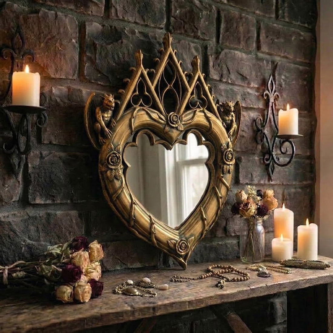 Antique gold Gothic heart mirror with ornate cathedral-inspired frame