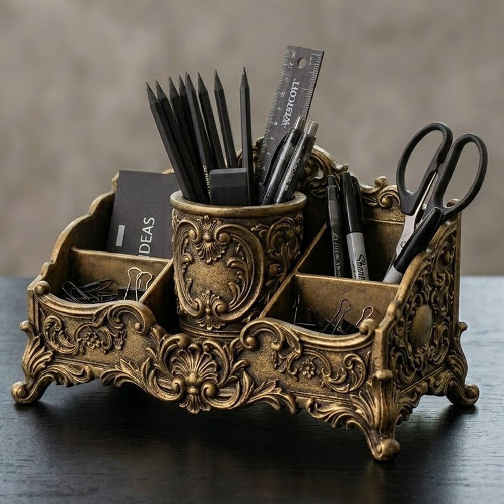 Hand-painted antique gold baroque desk organizer filled with pencils, pens, ruler, and scissors