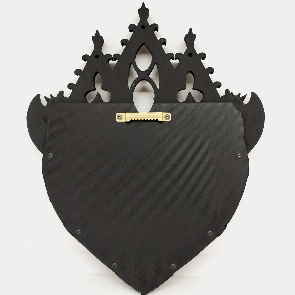 Back view of black Gothic heart mirror with hanging hardware
