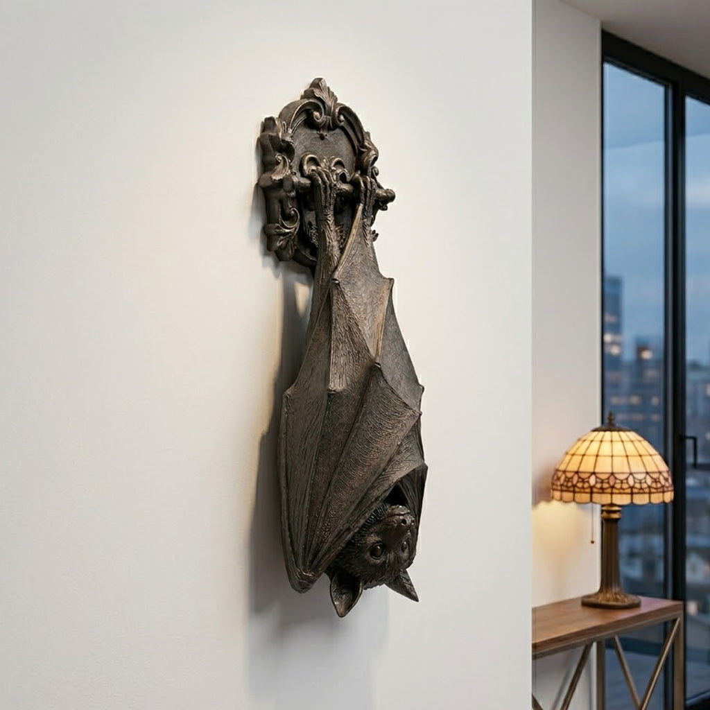 Black gothic bat wall sculpture displayed in a modern dark aesthetic room