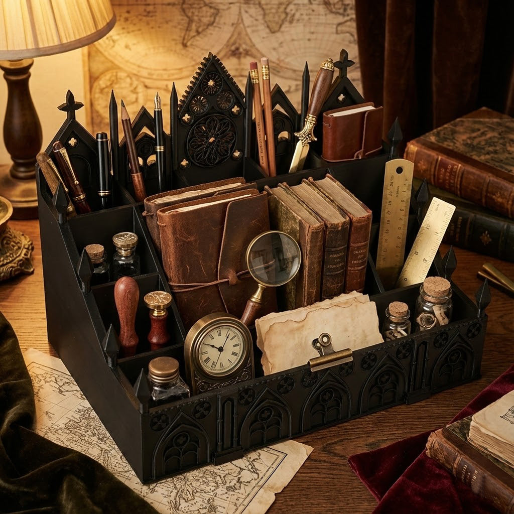 Dark academia desk decor organizer styled with vintage books candles and gothic accessories