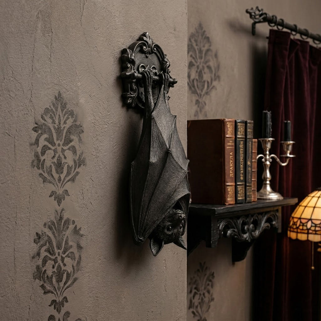 Black gothic bat sculpture hanging on a patterned wall next to a shelf with books and a candelabra in a dark Victorian room
