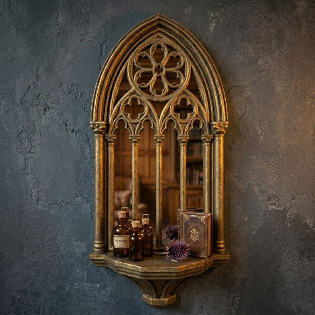Antique gold Gothic mirror shelf with cathedral tracery and small display ledge