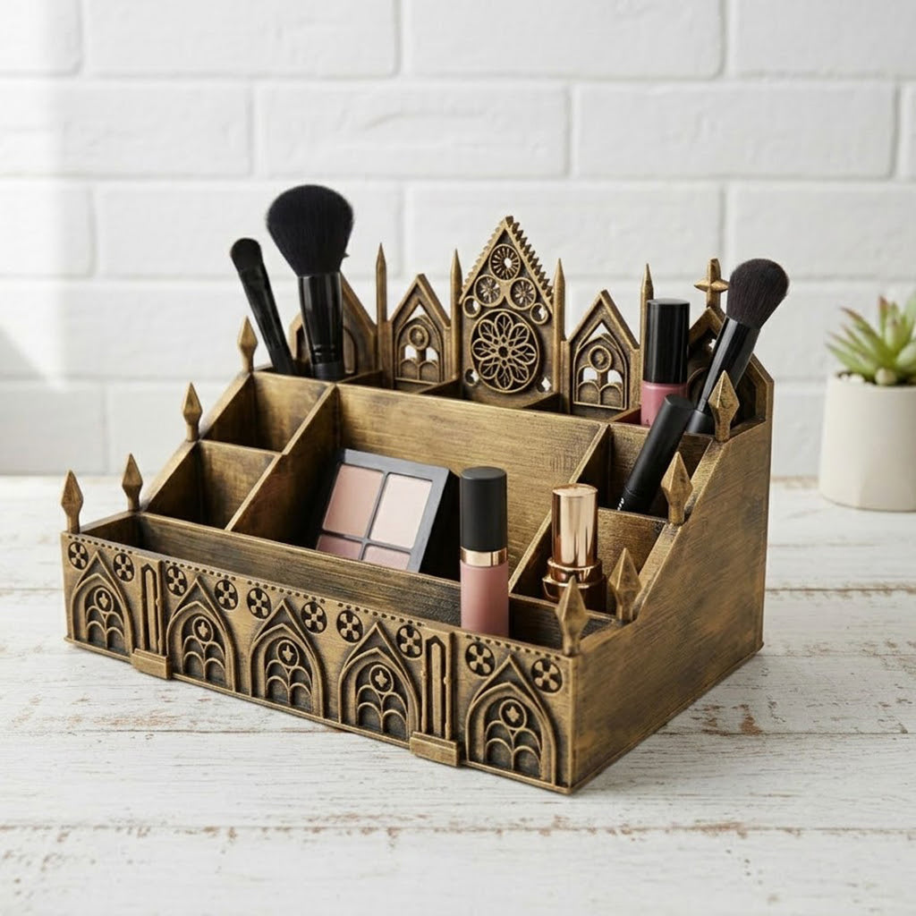 Antique gold Gothic makeup organizer filled with brushes, cosmetics, and palettes