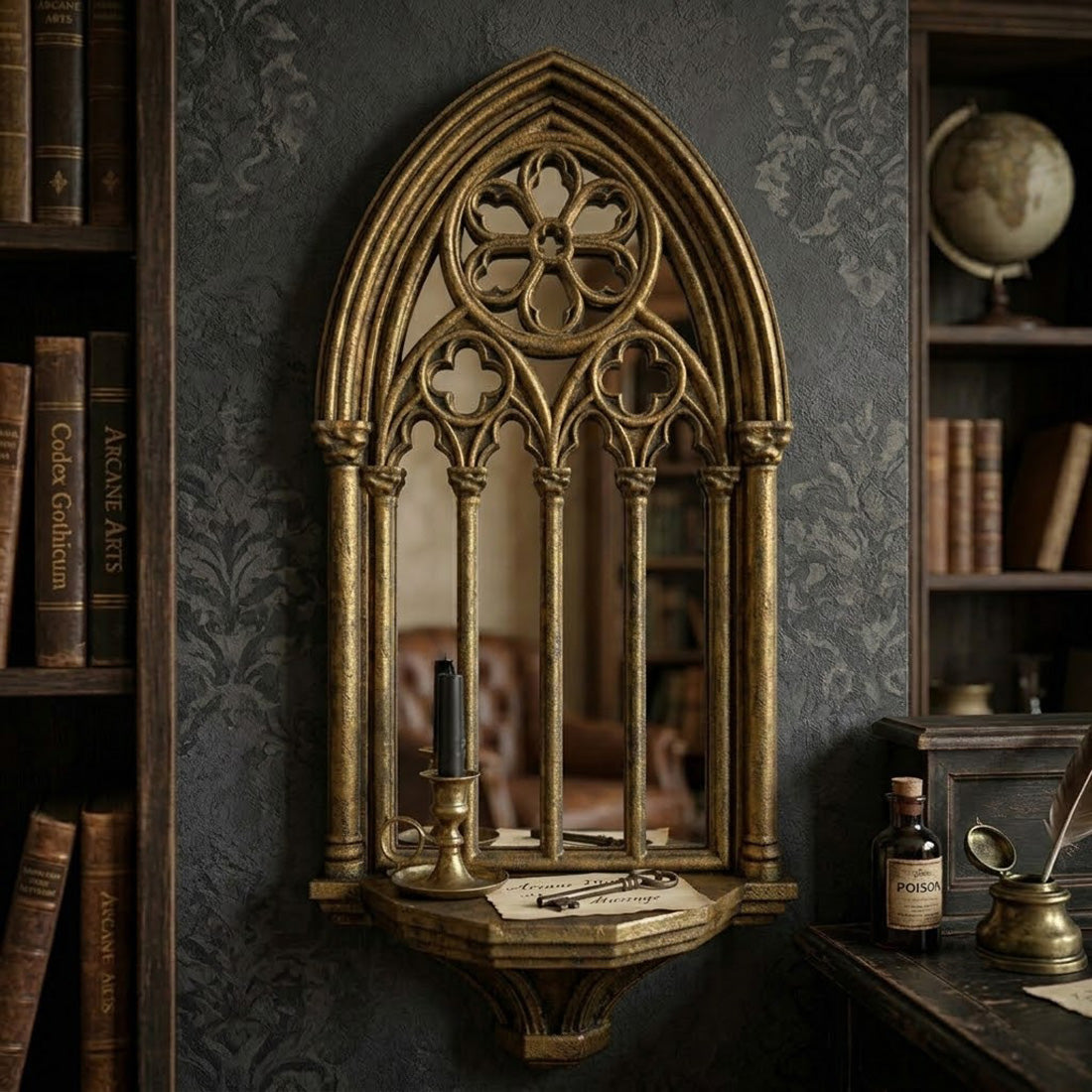 Antique gold cathedral mirror shelf with ornate Gothic architectural frame