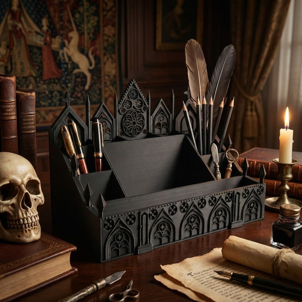 Dark academia gothic desk organizer with multiple storage compartments and medieval cathedral details