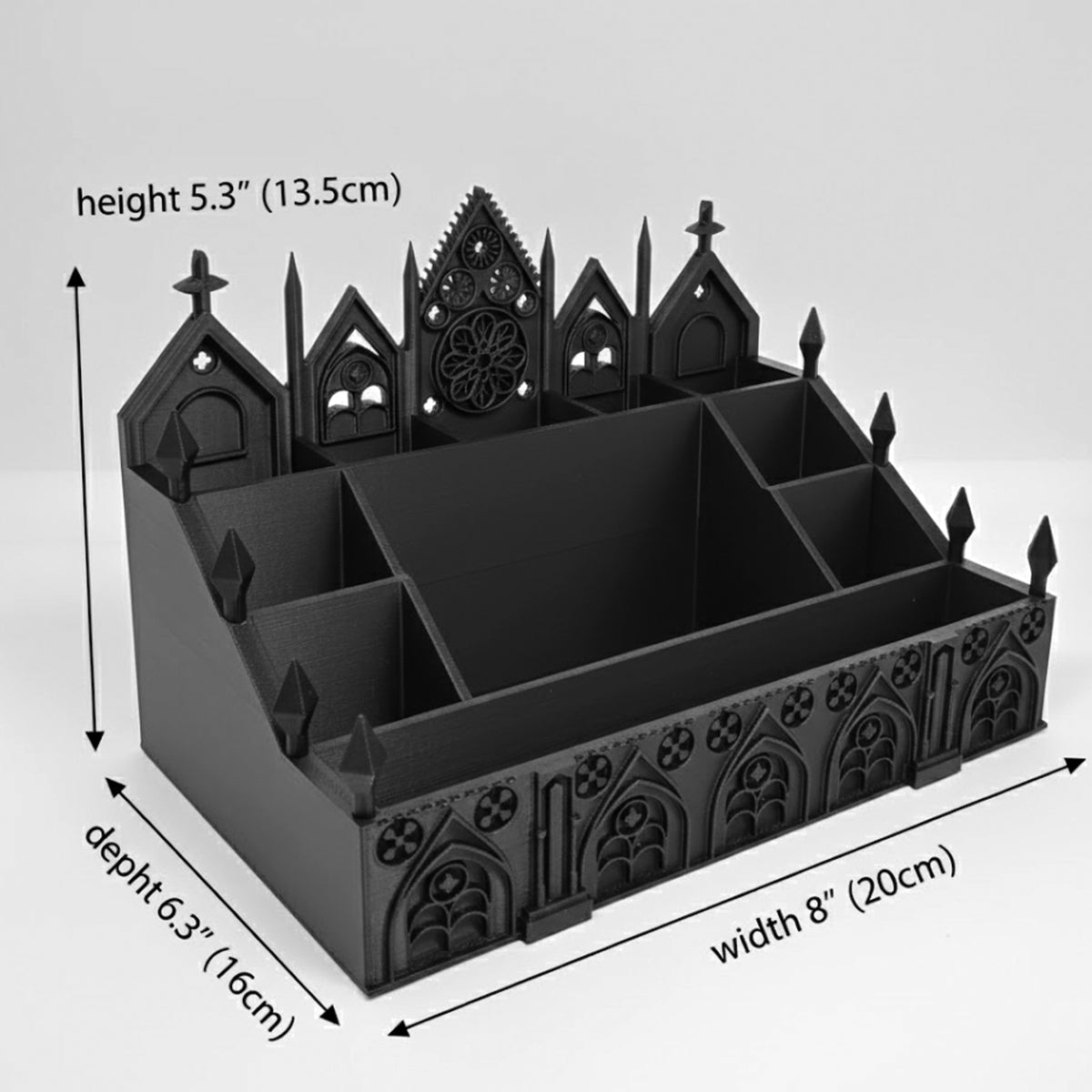 Dimensions and size measurements guide for the black Gothic Cathedral makeup organizer
