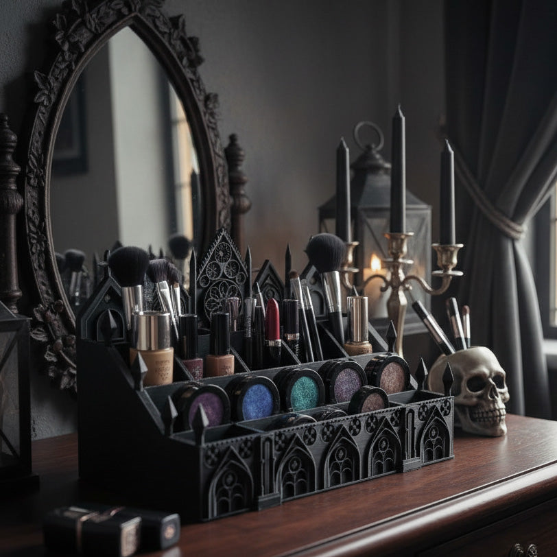 Black Gothic Cathedral makeup organizer filled with brushes and cosmetics on a dark vanity table