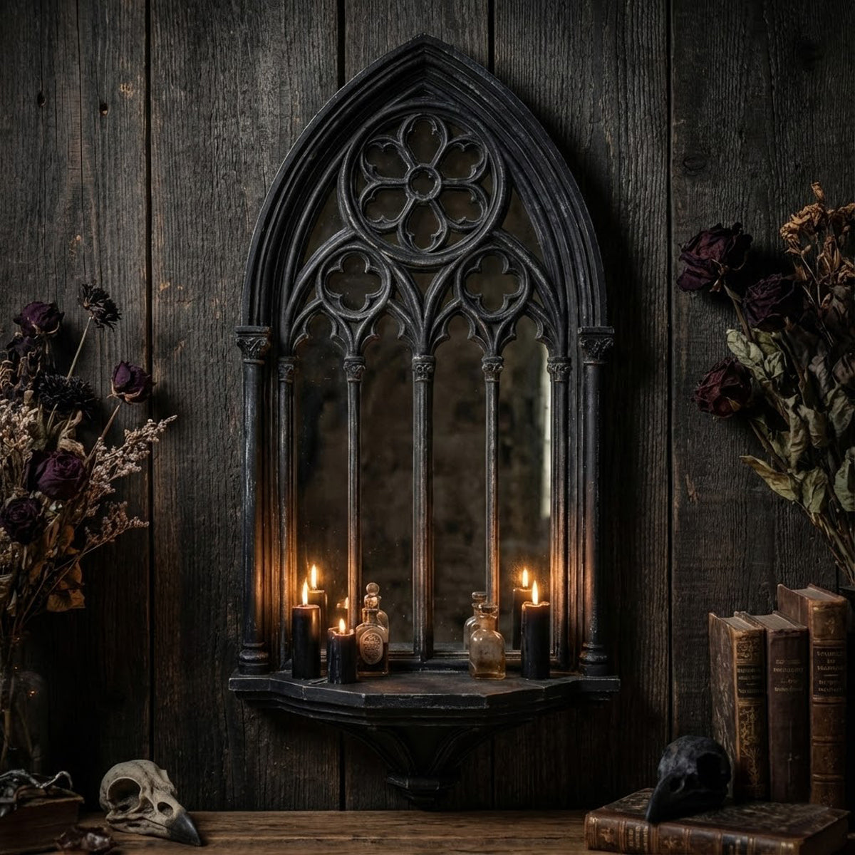 Gothic cathedral mirror shelf with candles in a dark academia interior
