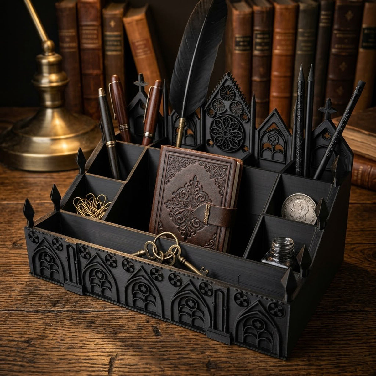 Gothic desk organizer with dark academia decor and cathedral-inspired design on vintage wooden desk