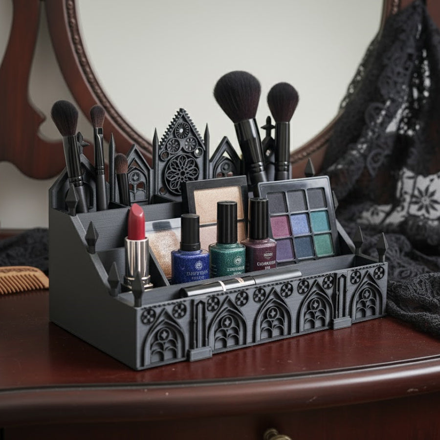 Gothic style makeup display stand holding brushes and nail polish on a wooden desk