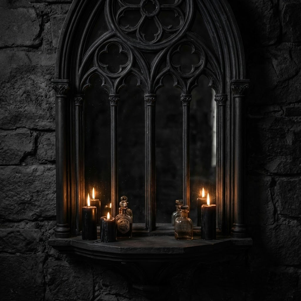 Black gothic wall mirror with altar shelf and candle decor