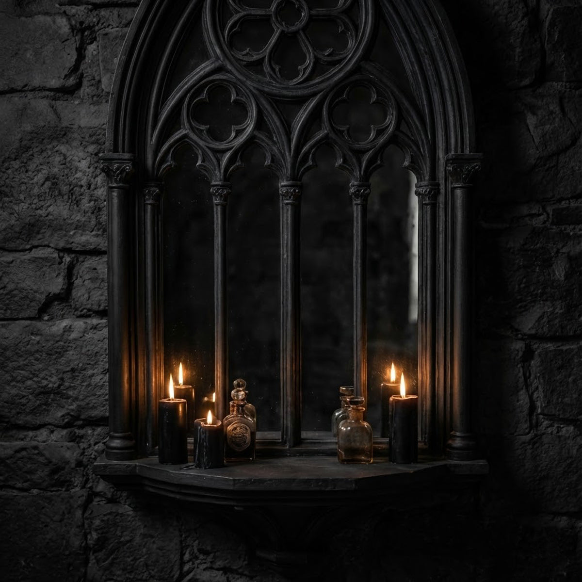 Black gothic wall mirror with altar shelf and candle decor