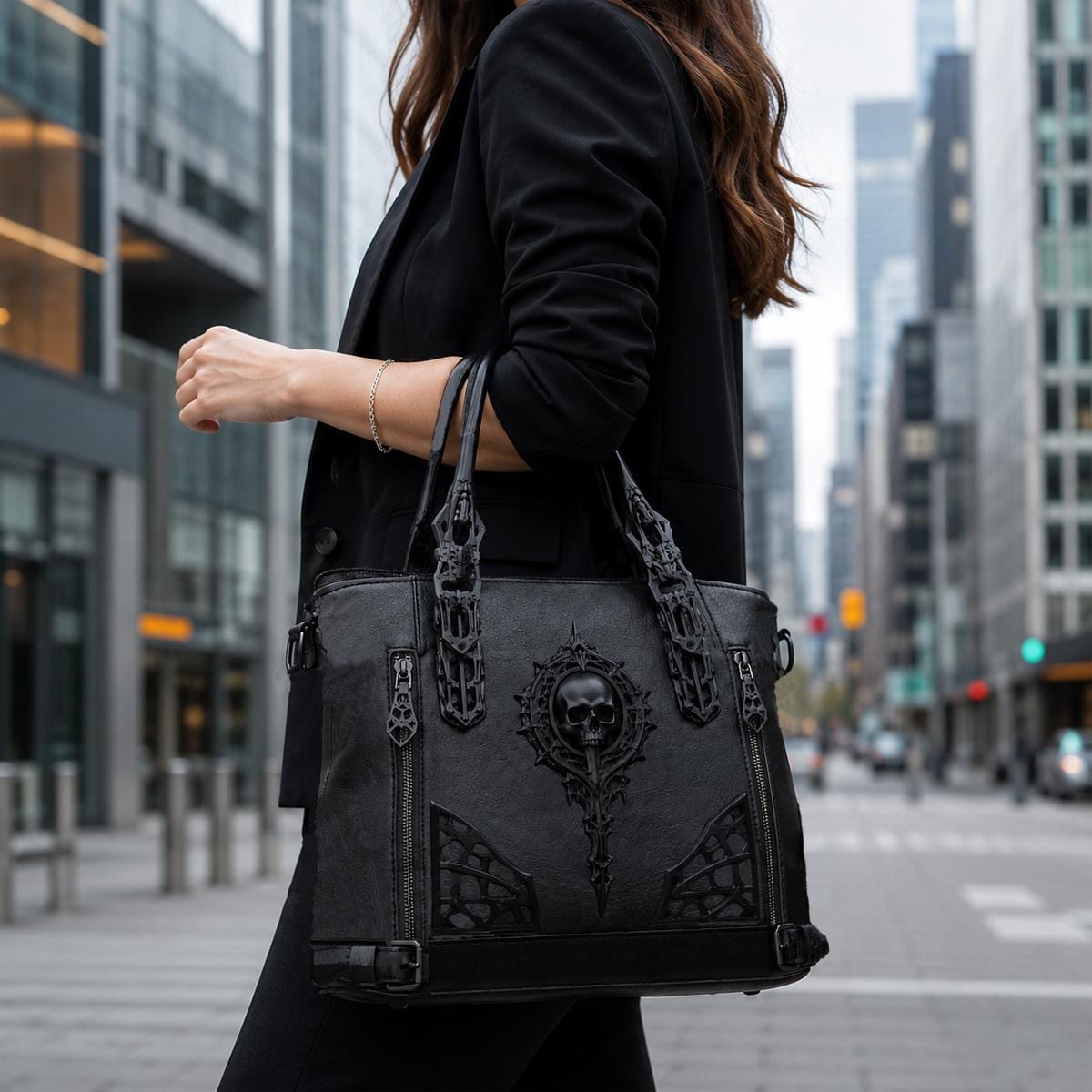 Gothic Handbag with Skull Emblem – Leather Alternative Purse Dark Fantasy Handbag