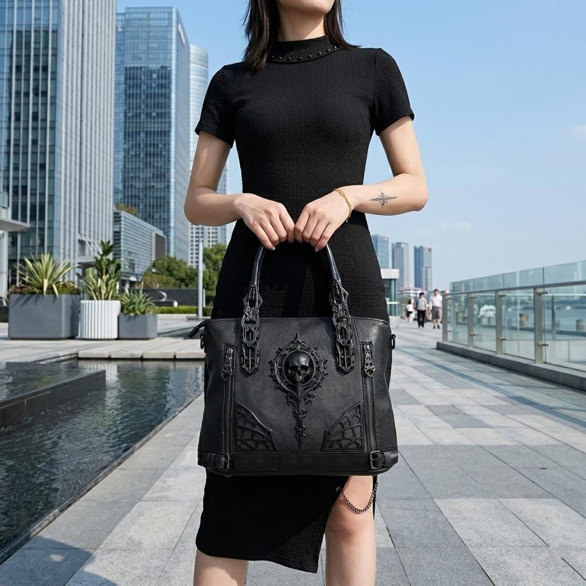 Gothic Handbag with Skull Emblem – Leather Alternative Purse Dark Fantasy Handbag