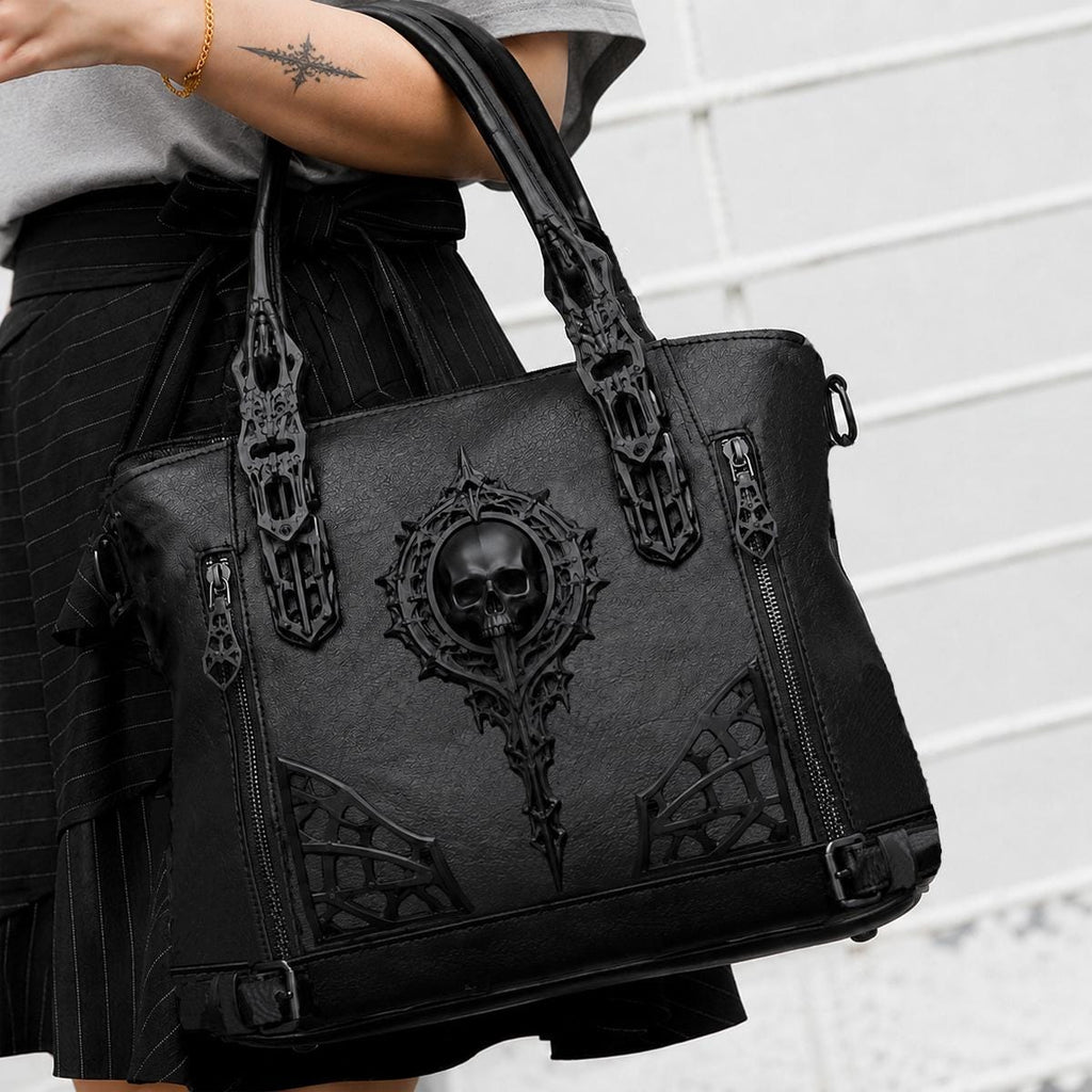 Gothic Handbag with Skull Emblem – Leather Alternative Purse Dark Fantasy Handbag