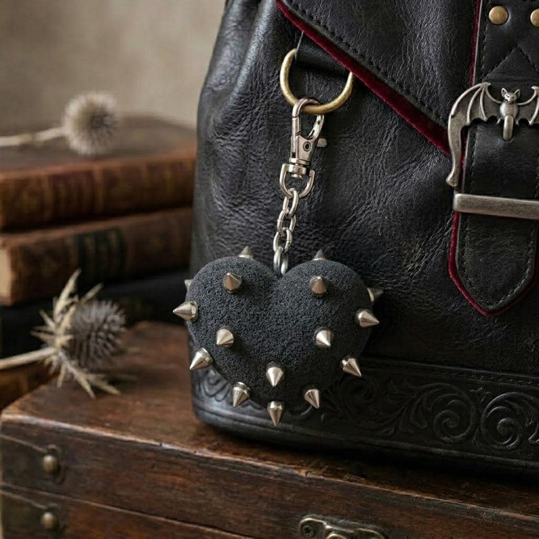 Spiked Heart Keychain, Gothic Bag Charm, Textured Black Studded Keyring, Alt Grunge Punk Accessory, Witchy Edgy Gift for Her or Him