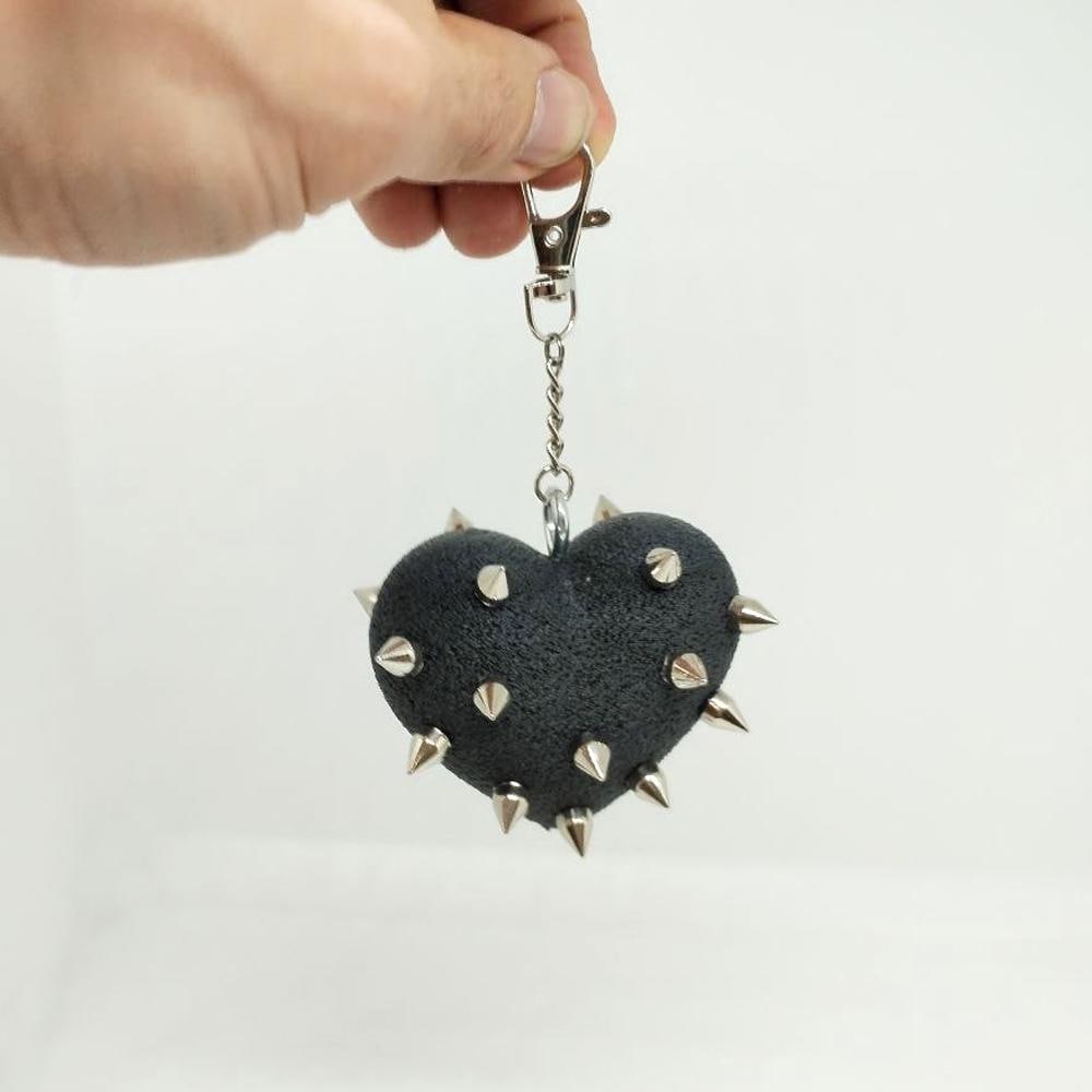 Spiked Heart Keychain, Gothic Bag Charm, Textured Black Studded Keyring, Alt Grunge Punk Accessory, Witchy Edgy Gift for Her or Him