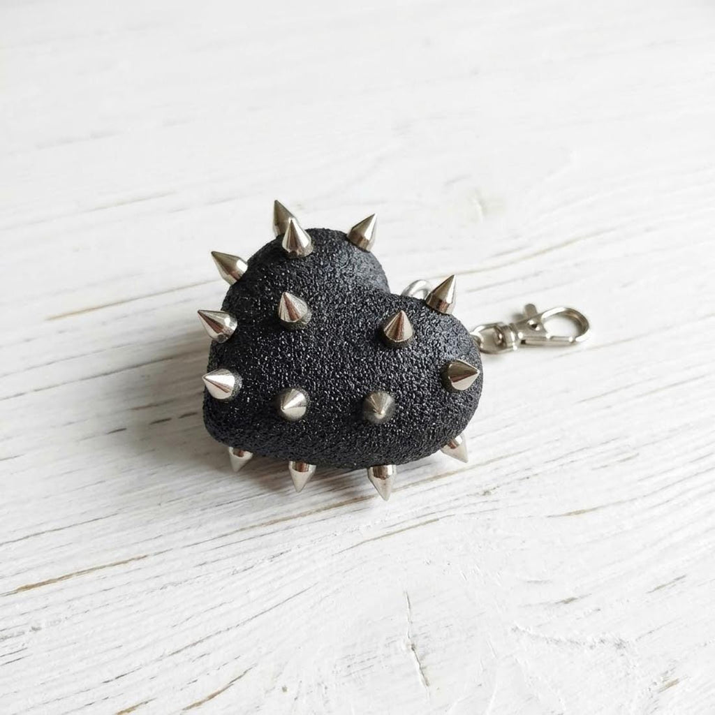 Spiked Heart Keychain, Gothic Bag Charm, Textured Black Studded Keyring, Alt Grunge Punk Accessory, Witchy Edgy Gift for Her or Him