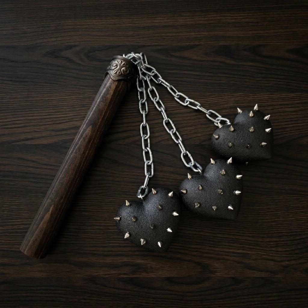 Triple Head Spiked Heart Morning Star Mace, Gothic Medieval Prop Flail,  Alt Punk Grunge Cosplay Accessory, Gothic Room Decor