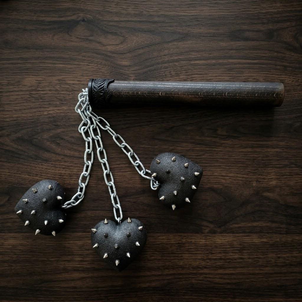 Triple Head Spiked Heart Morning Star Mace, Gothic Medieval Prop Flail,  Alt Punk Grunge Cosplay Accessory, Gothic Room Decor