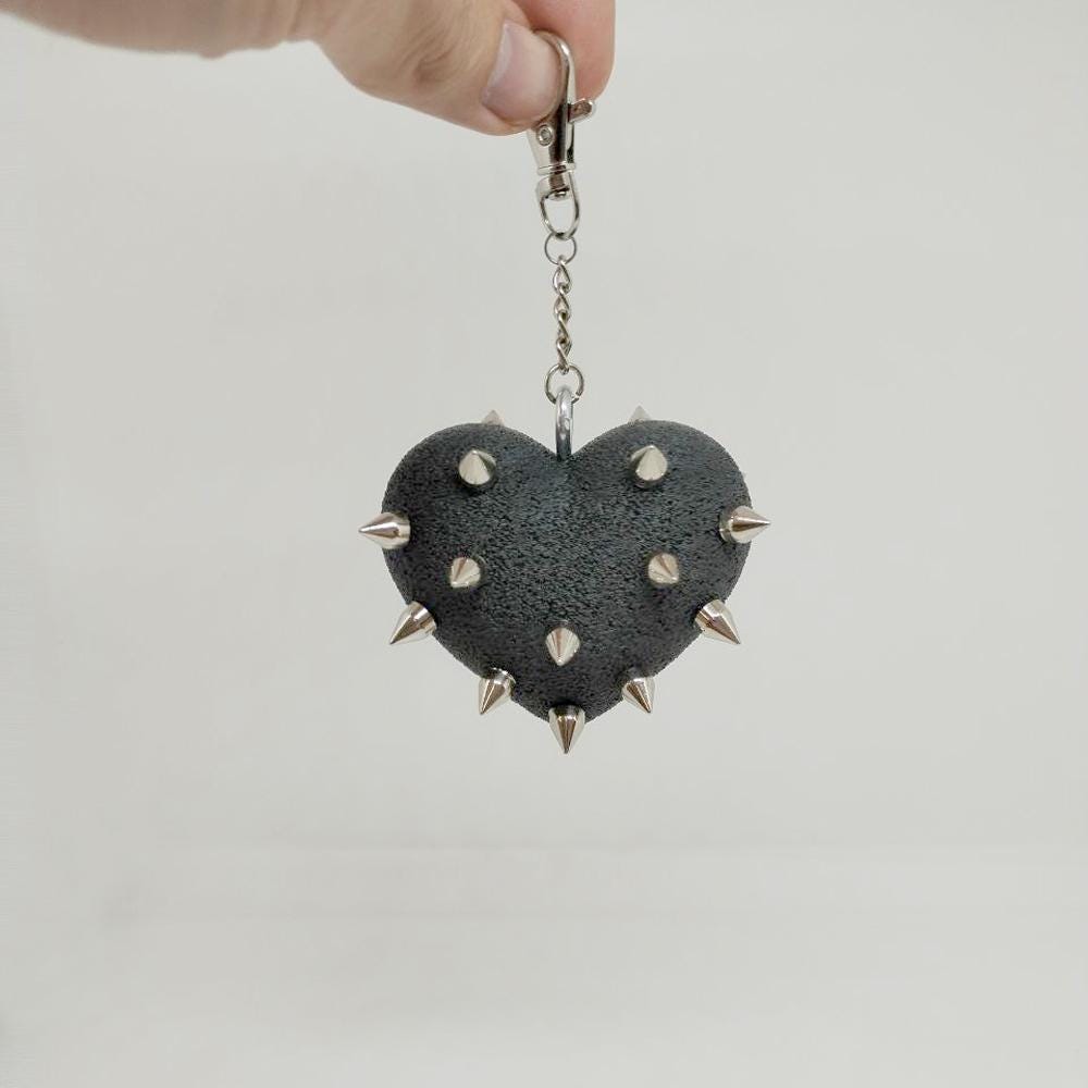 Spiked Heart Keychain, Gothic Bag Charm, Textured Black Studded Keyring, Alt Grunge Punk Accessory, Witchy Edgy Gift for Her or Him
