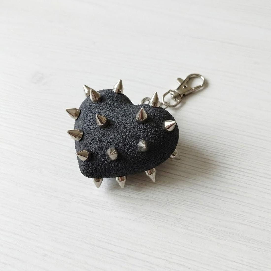 Spiked Heart Keychain, Gothic Bag Charm, Textured Black Studded Keyring, Alt Grunge Punk Accessory, Witchy Edgy Gift for Her or Him