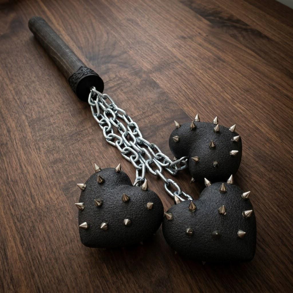 Triple Head Spiked Heart Morning Star Mace, Gothic Medieval Prop Flail,  Alt Punk Grunge Cosplay Accessory, Gothic Room Decor