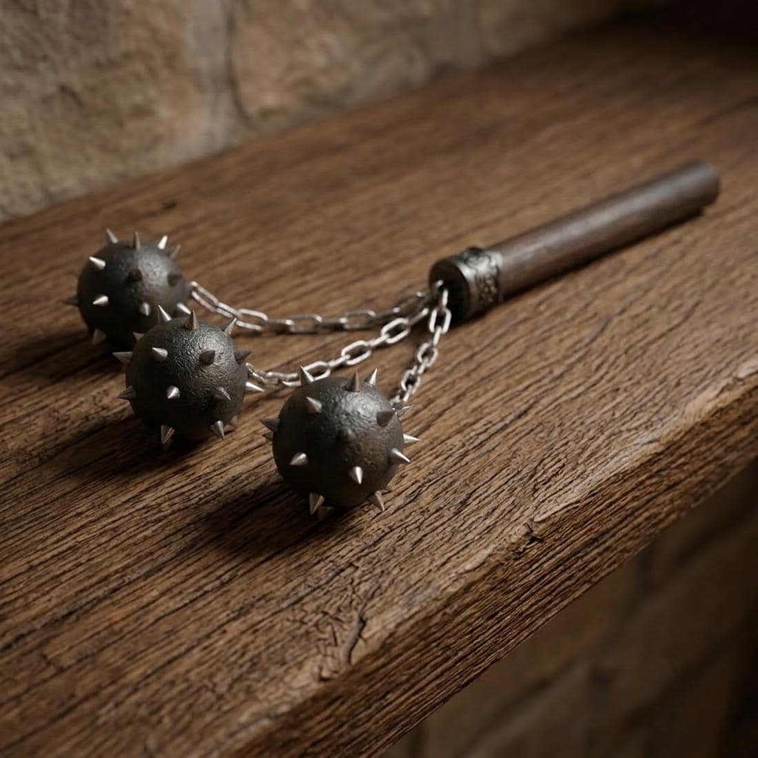 Medieval Spiked Flail Cosplay Prop, Morning Star Mace Replica, Wooden Handle Fantasy Weapon (Non-Real Weapon)