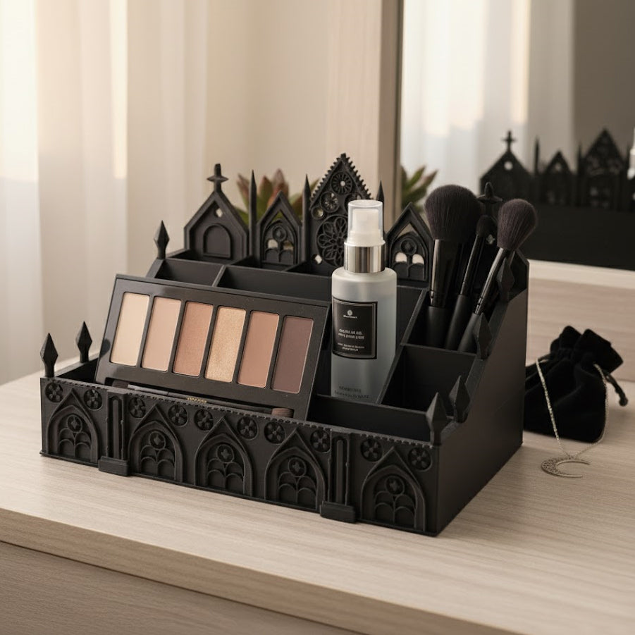 Gothic makeup holder displaying cosmetic palettes and skincare bottles on a light bathroom counter