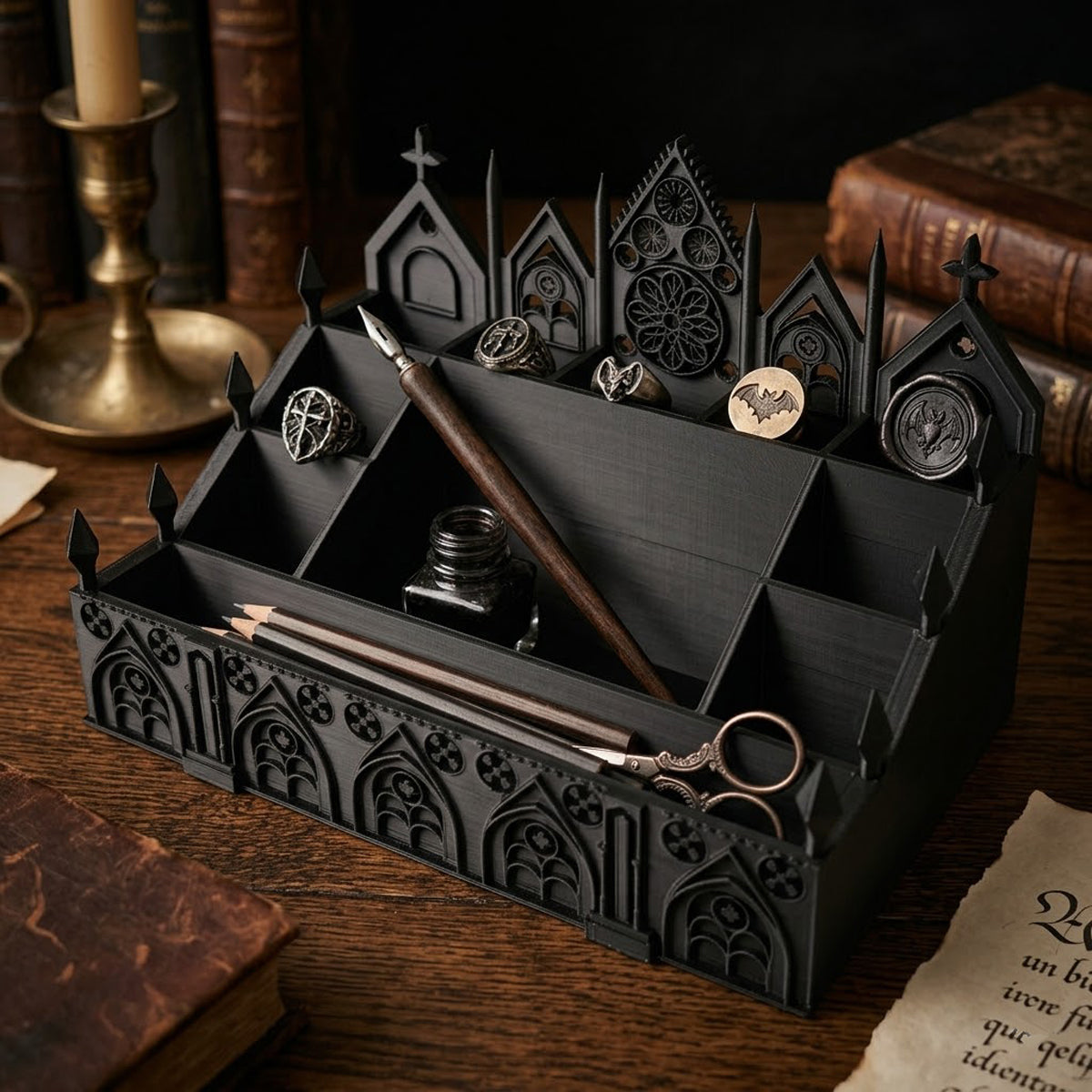 Medieval gothic desk organizer for pens notebooks and office accessories