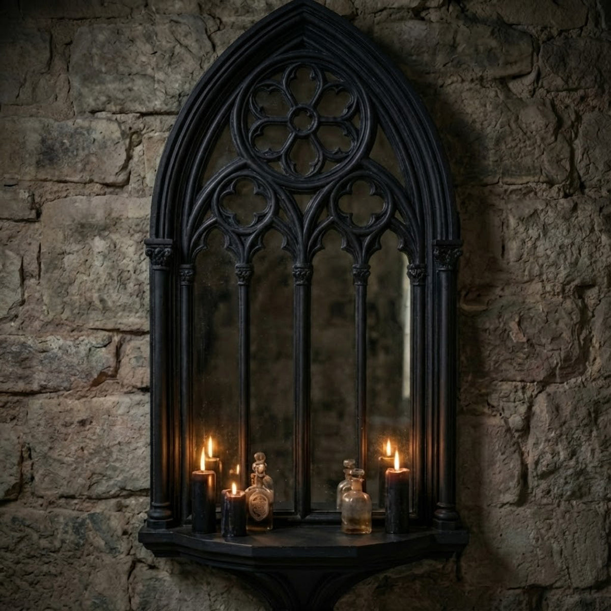 Medieval gothic mirror shelf styled with candles and fantasy decor