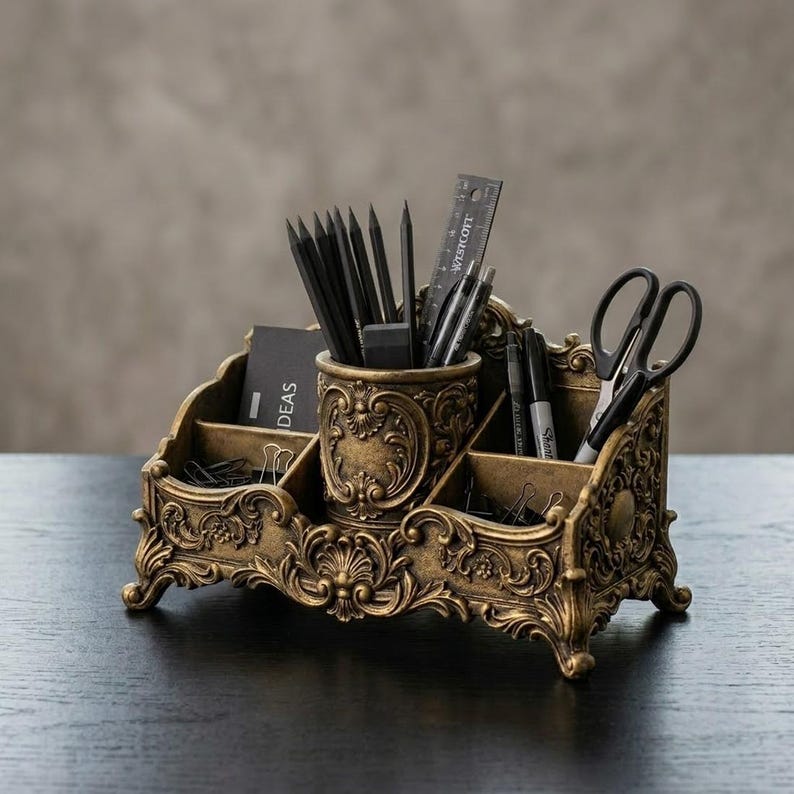 Antique gold baroque desk organizer with compartments for stationery and scissors