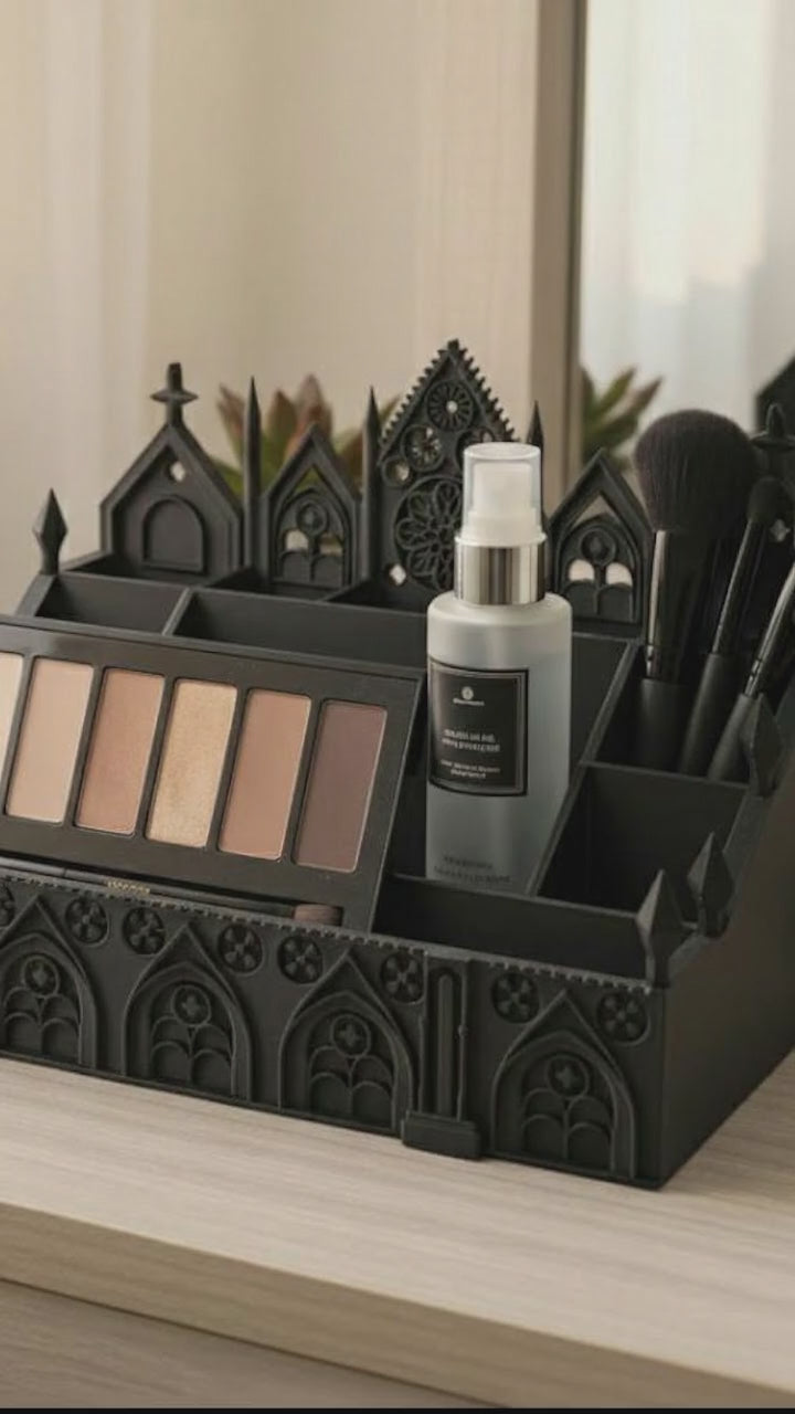 Video demonstrating the capacity and design of the Gothic Cathedral makeup organizer in use
