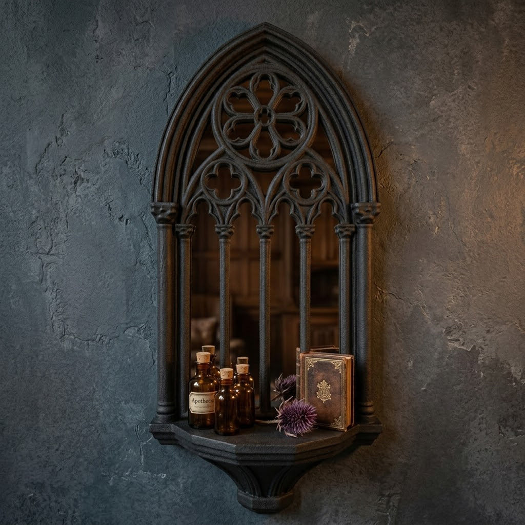 Spooky gothic mirror shelf with candles and altar decor styling
