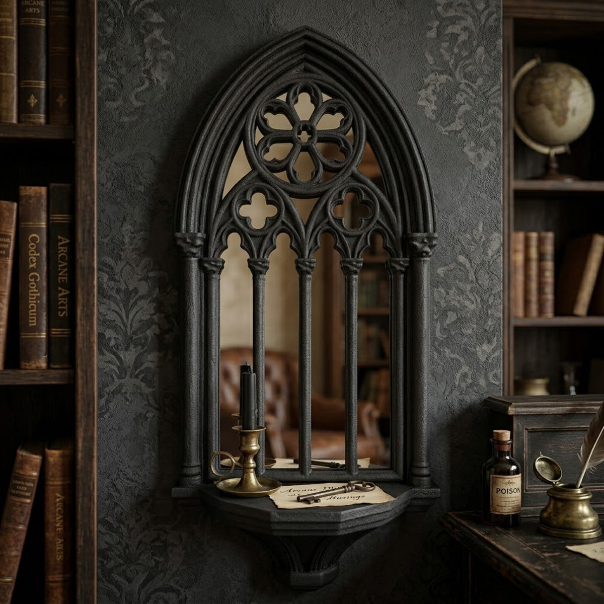 Gothic cathedral mirror shelf in a dark academia room setup