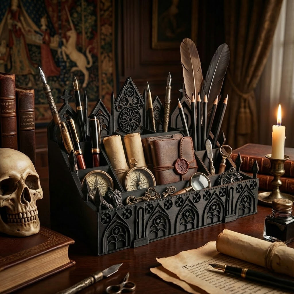 Witchy gothic office desk organizer with cathedral architecture inspired design